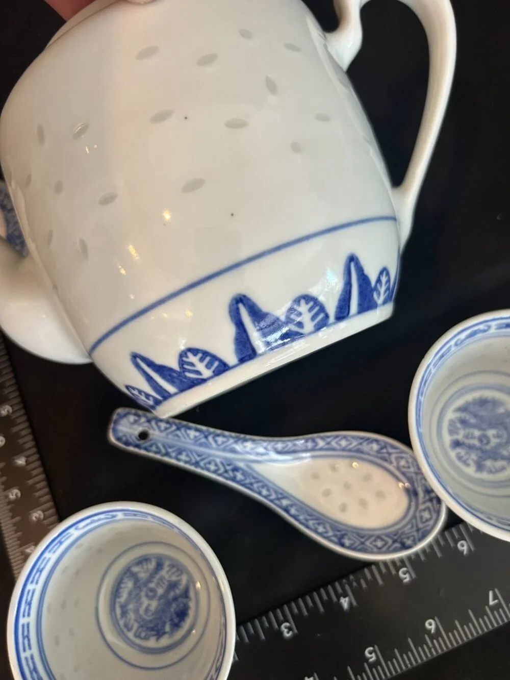 Chinese Rice Grain Porcelain Tea Set - Blue White Teapot 2 Cups Spoon Jingdezhen
